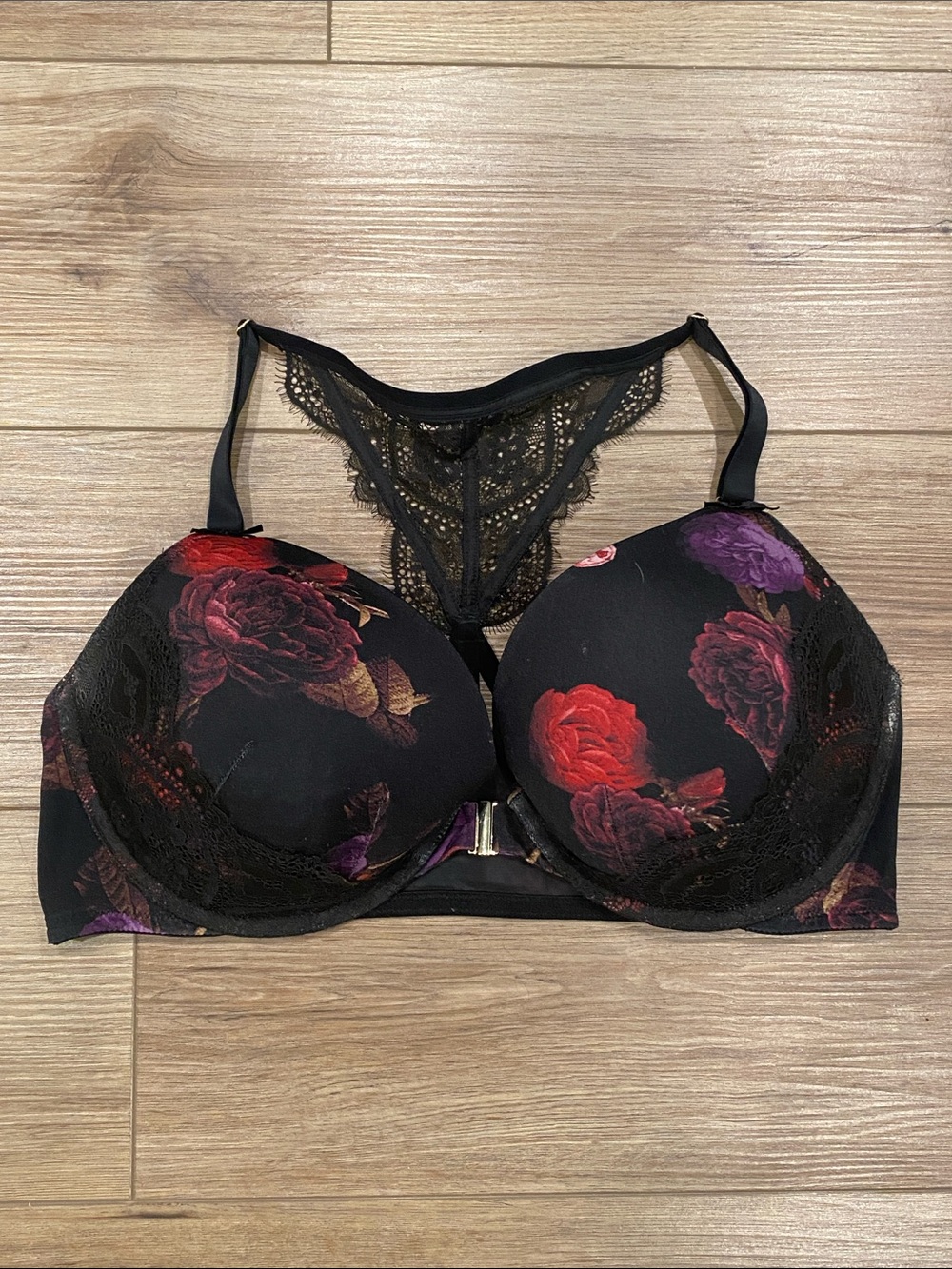Cacique Black Floral Lace Front-Closure Bra with Red & Purple Roses